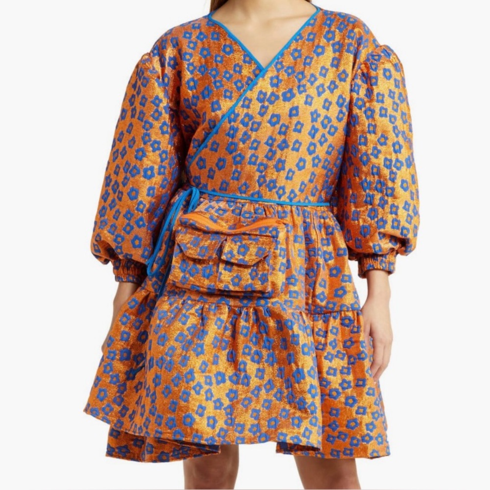KkCo Koi Pond Utility Wrap Dress Asian Floral Flare Bubble Puff Sleeve - Picture 5 of 10